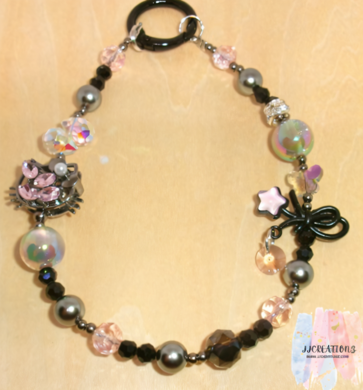 Pink & Black Beaded Charm Accessory – Cute Cat & Star Accent