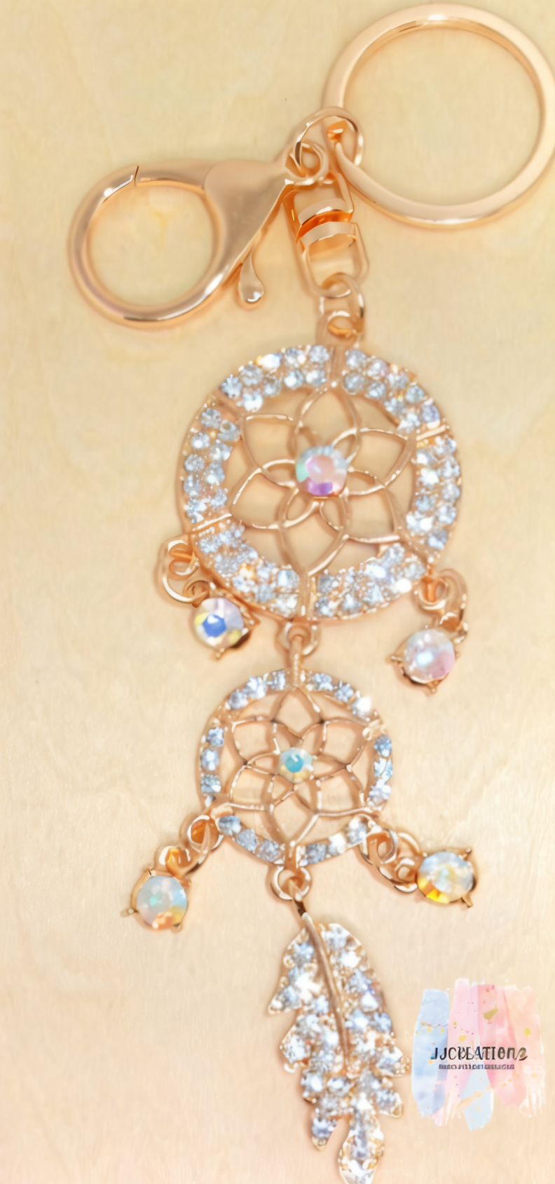 Rose Gold Crystal Dreamcatcher Keychain – Sparkling Feather Charm