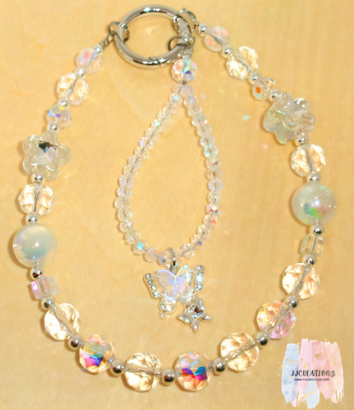 Crystal Iridescent Double Beaded Charm – Phone Chain / Bag Charm with Angel Accent