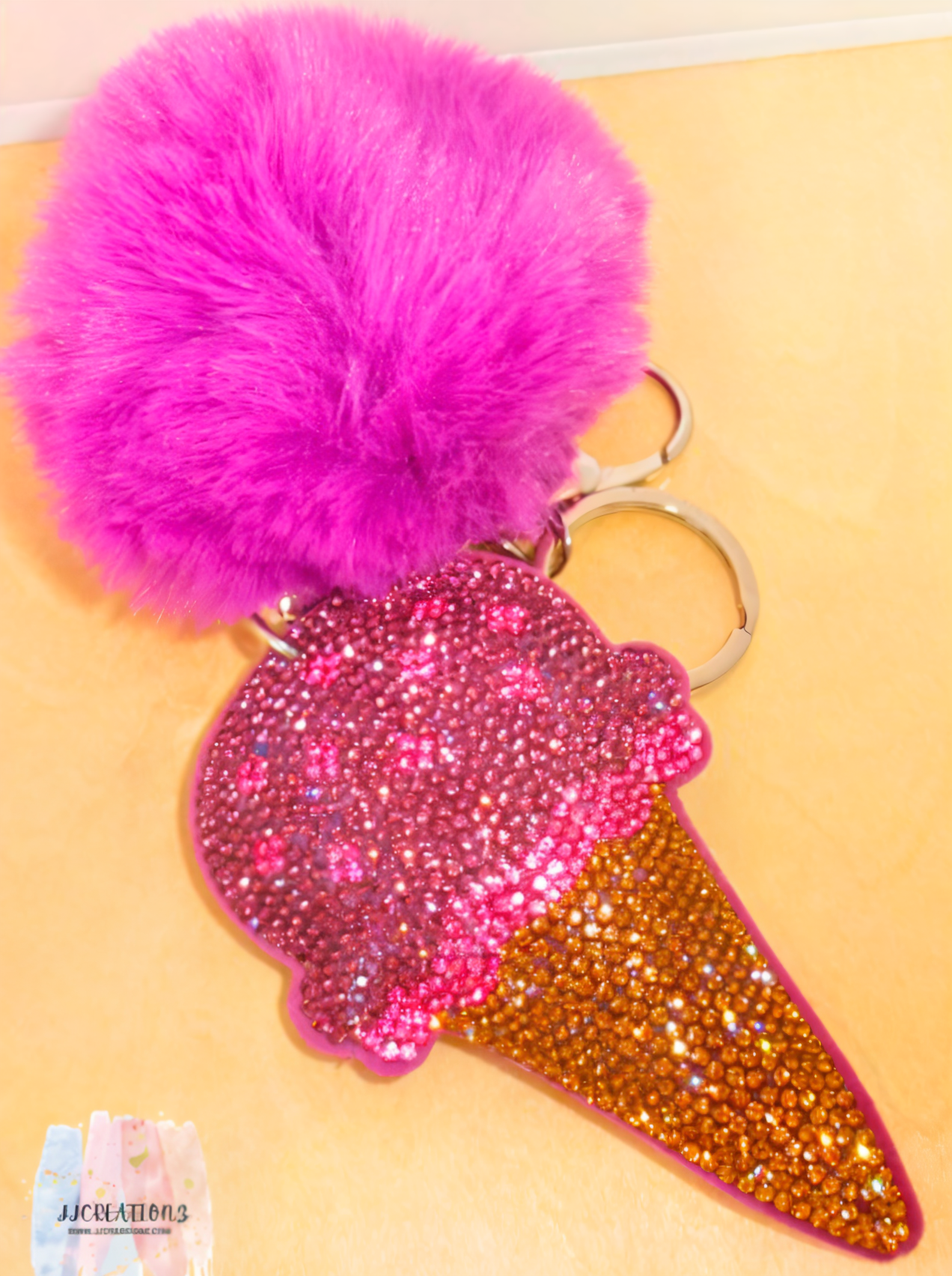 🍦 Sparkling Ice Cream Keychain with Pom Pom – Sweet Shine Edition