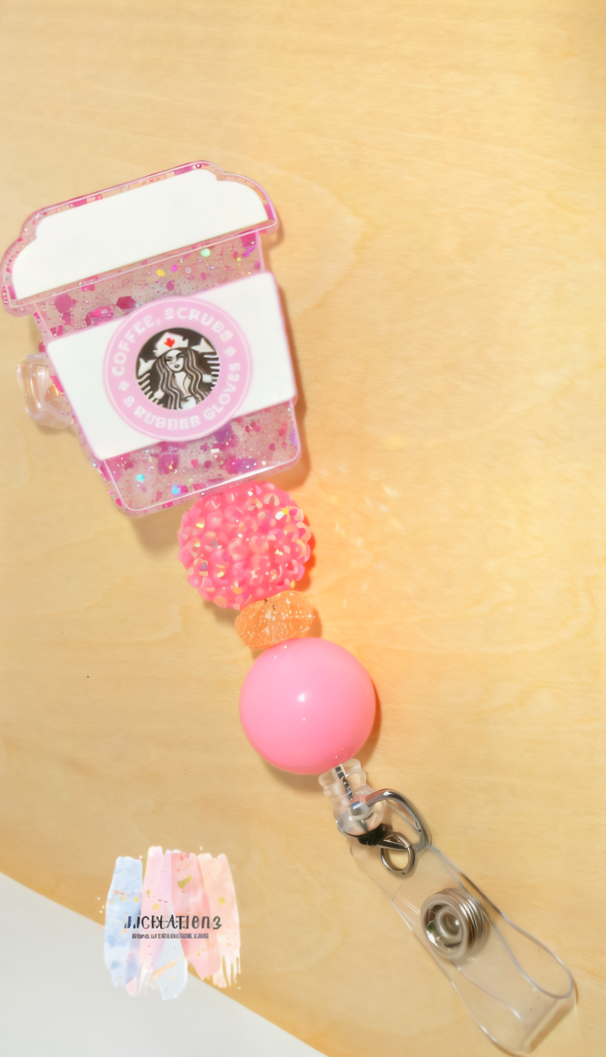 ☕ Coffee, Scrubs & Rubber Gloves Badge Reel – Pink Glitter Nurse ID Holder