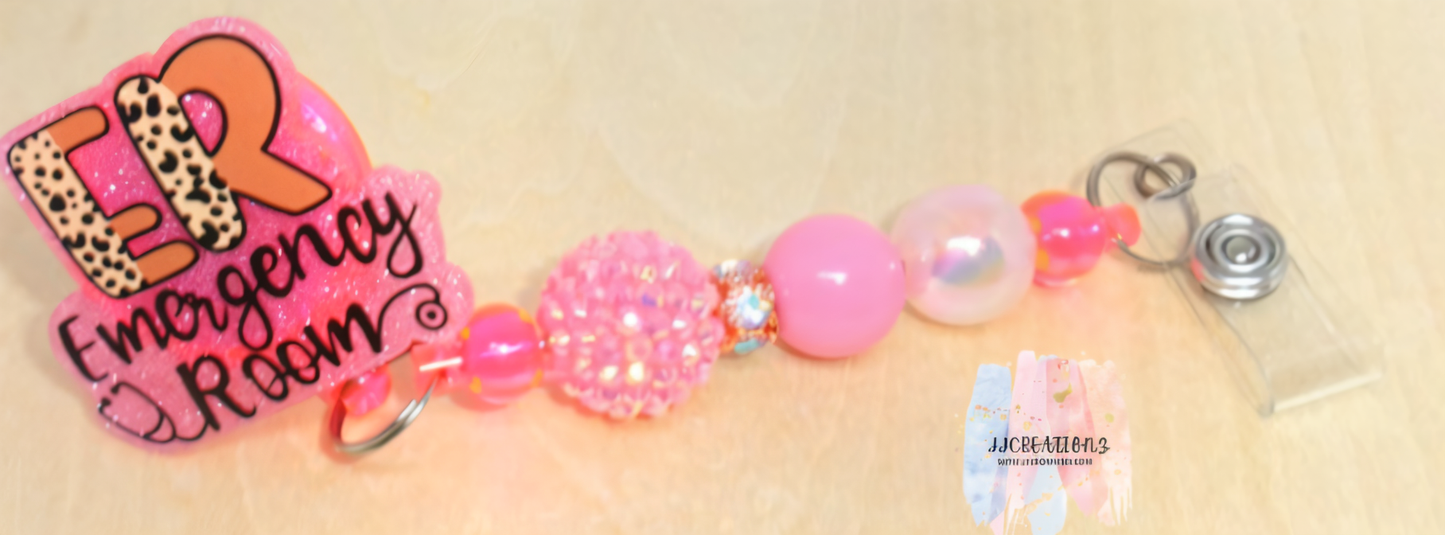 🌸 ER Emergency Room Badge Reel with Beaded Charm – Nurse ID Holder 🌸