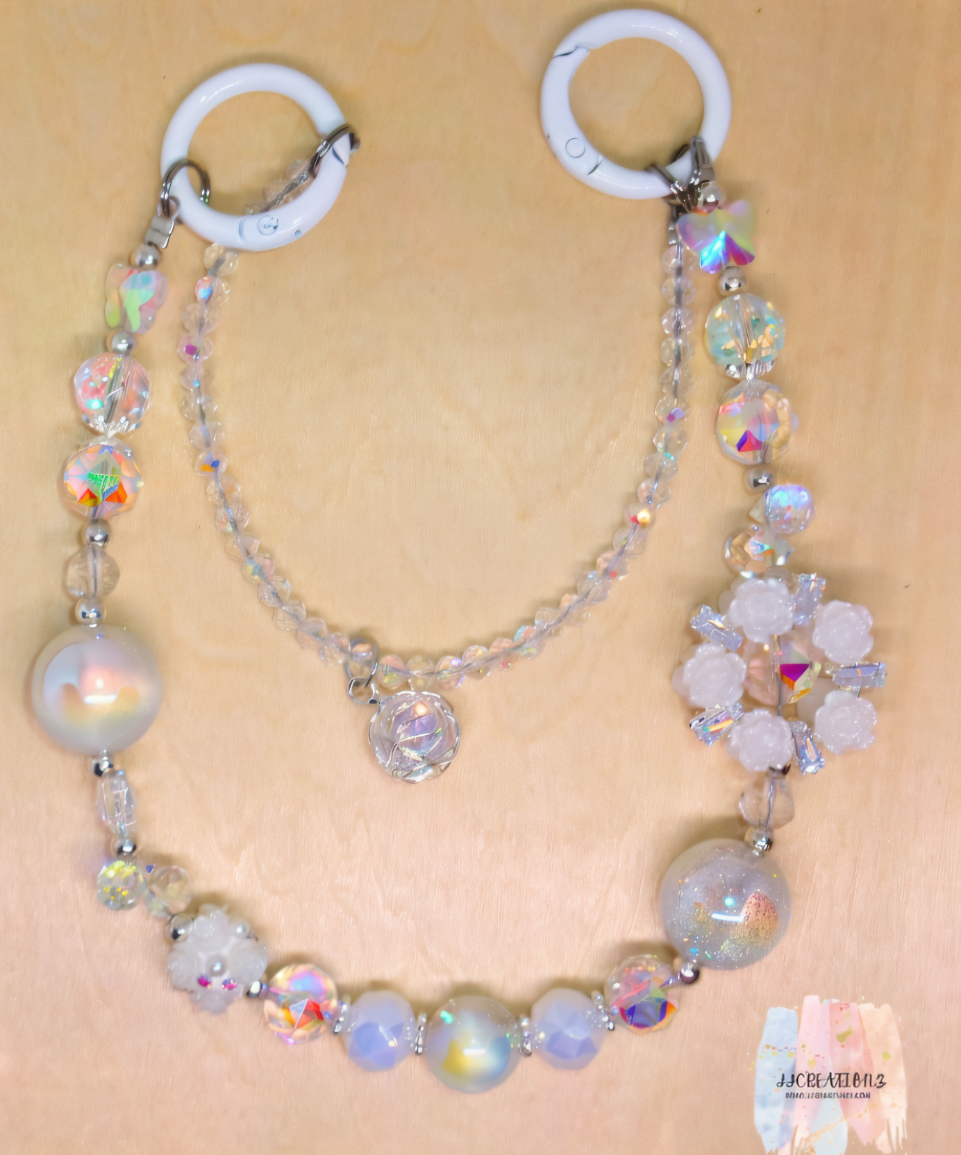 Iridescent Crystal Beaded Bag Charm – Pearl & Snowflake Sparkle