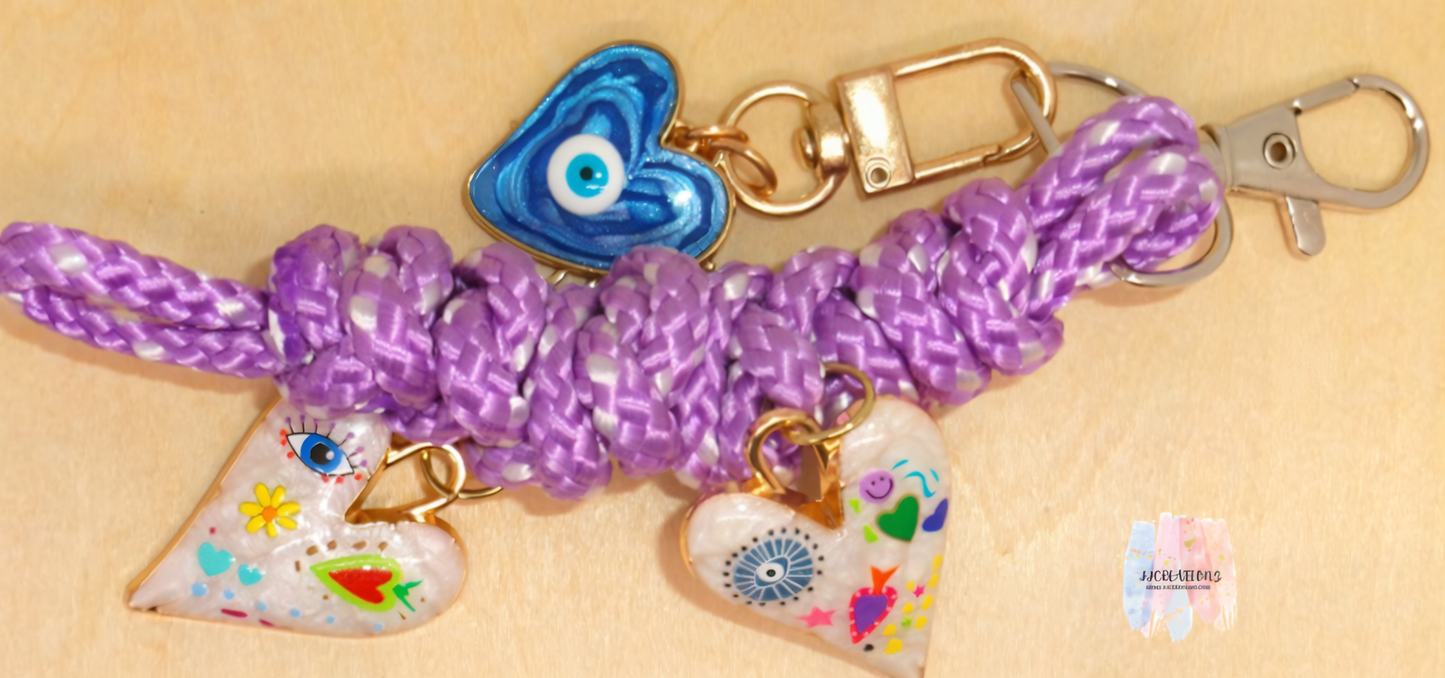 ๐ Boho Heart Charm Rope Keychain with Evil Eye & Beads