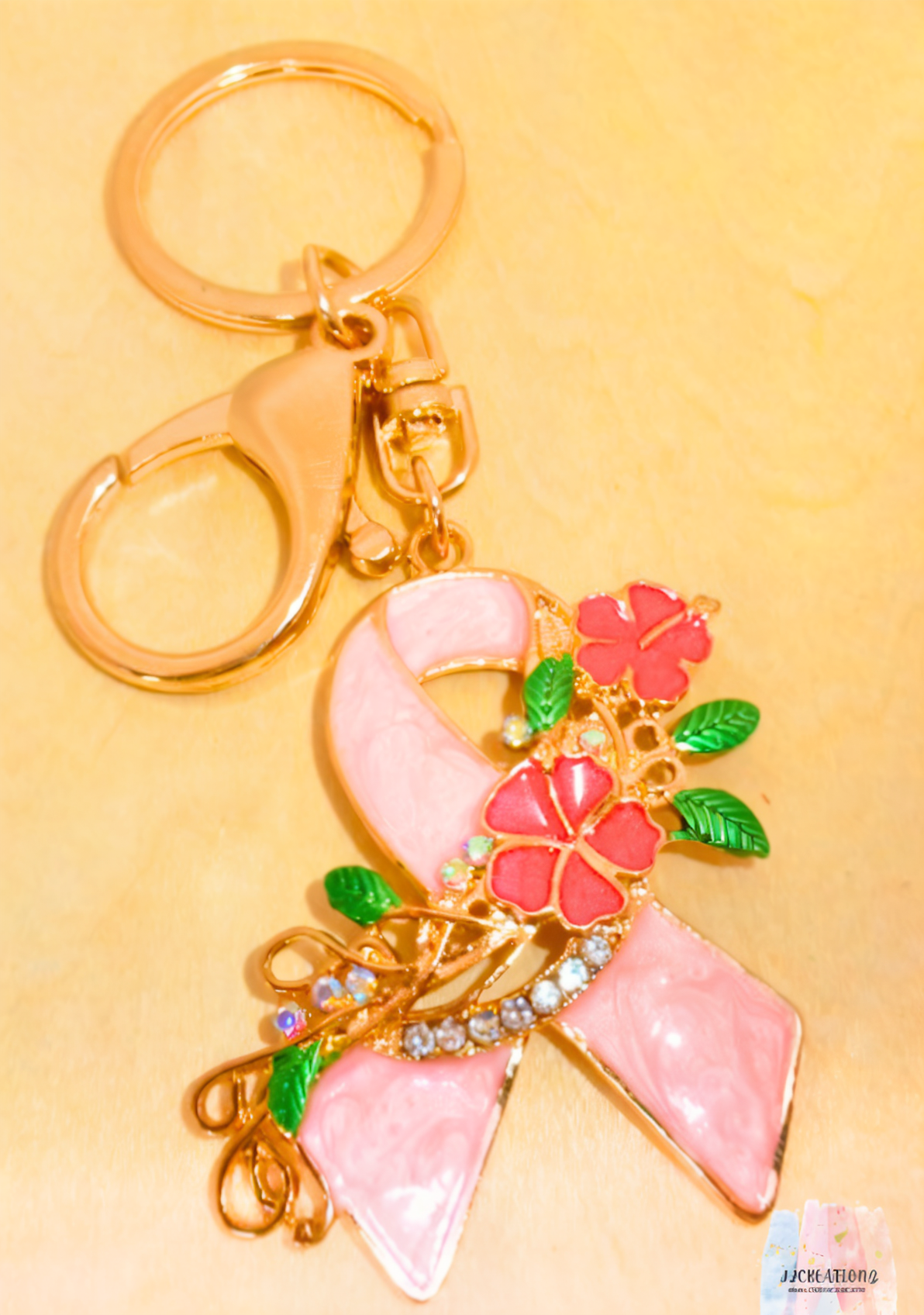 🌸 Pink Ribbon Awareness Keychain with Floral Design