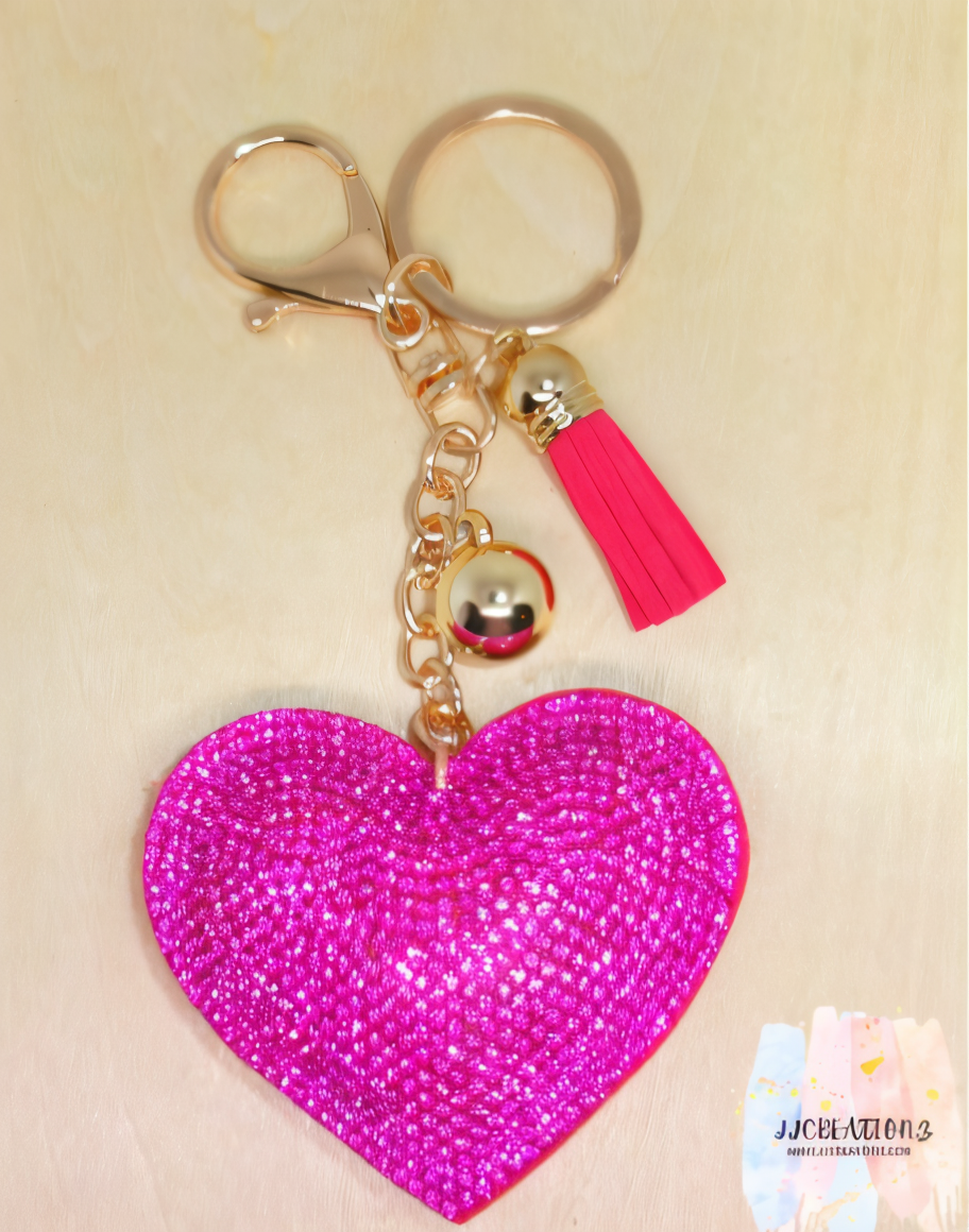 💖 Sparkly Pink Heart Keychain with Tassel & Charm – Cute Bag Accessory