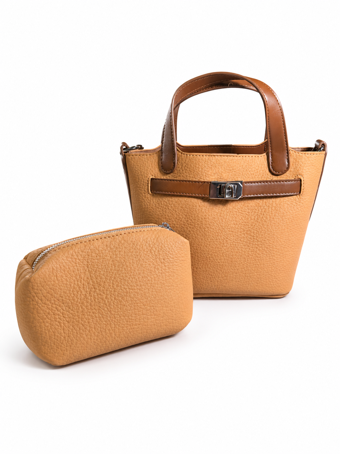 Tan Handbag & Matching Cosmetic Pouch Set – White Studio Background