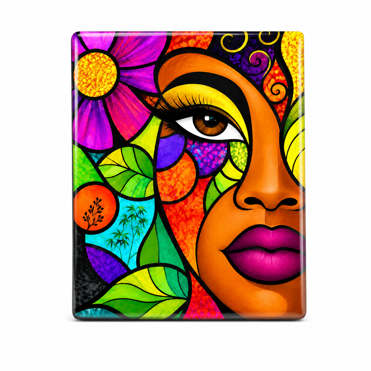 Vibrant Afrocentric Stained Glass Style Magnet Tile | Colorful Black Woman Art Magnet | Modern Home Decor