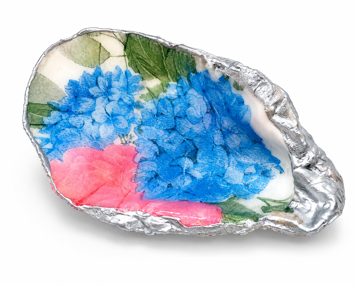 Silver Oyster Shell Trinket Dish with Blue Hydrangea Floral Design