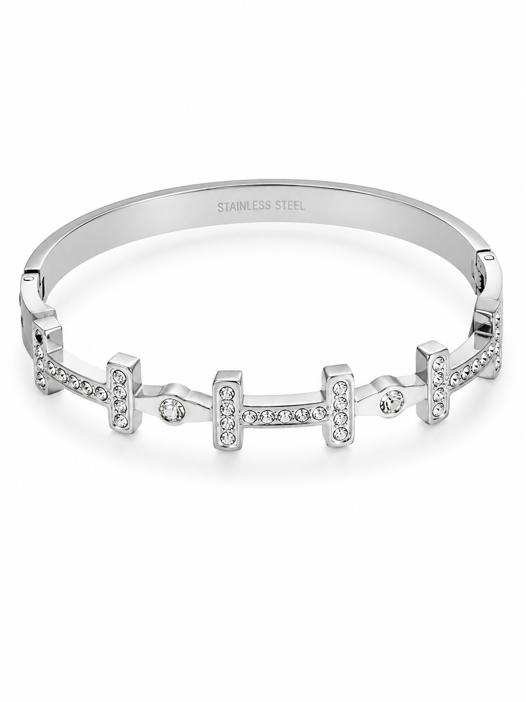Silver Stainless Steel Crystal H Bangle