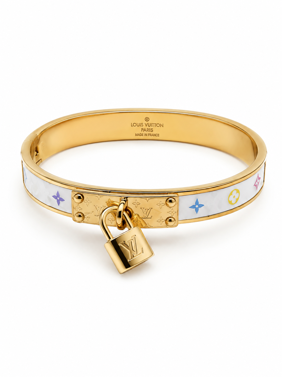 Luxury-Inspired White Enamel Lock Charm Bangle Bracelet