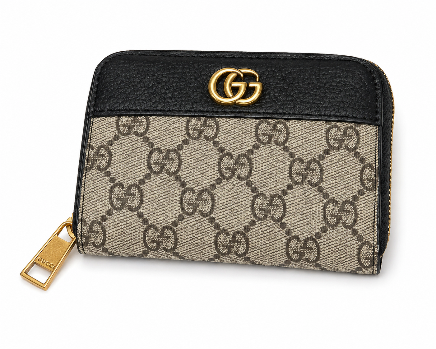 Designer-Inspired Monogram Zip Wallet – Black & Beige