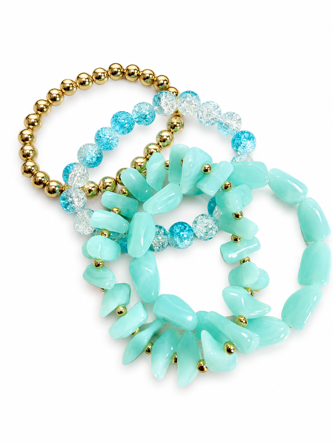 Ocean Breeze Bracelet Stack – Aqua & Gold Beaded Set