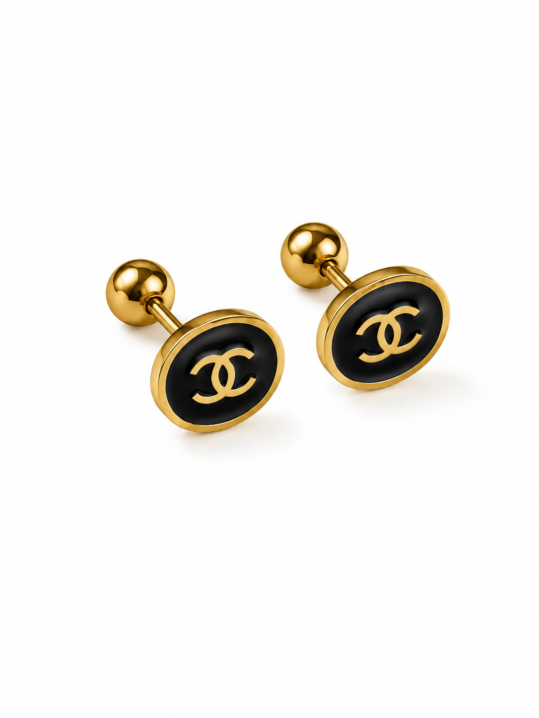 Black & Gold Double-C Inspired Stud Earrings