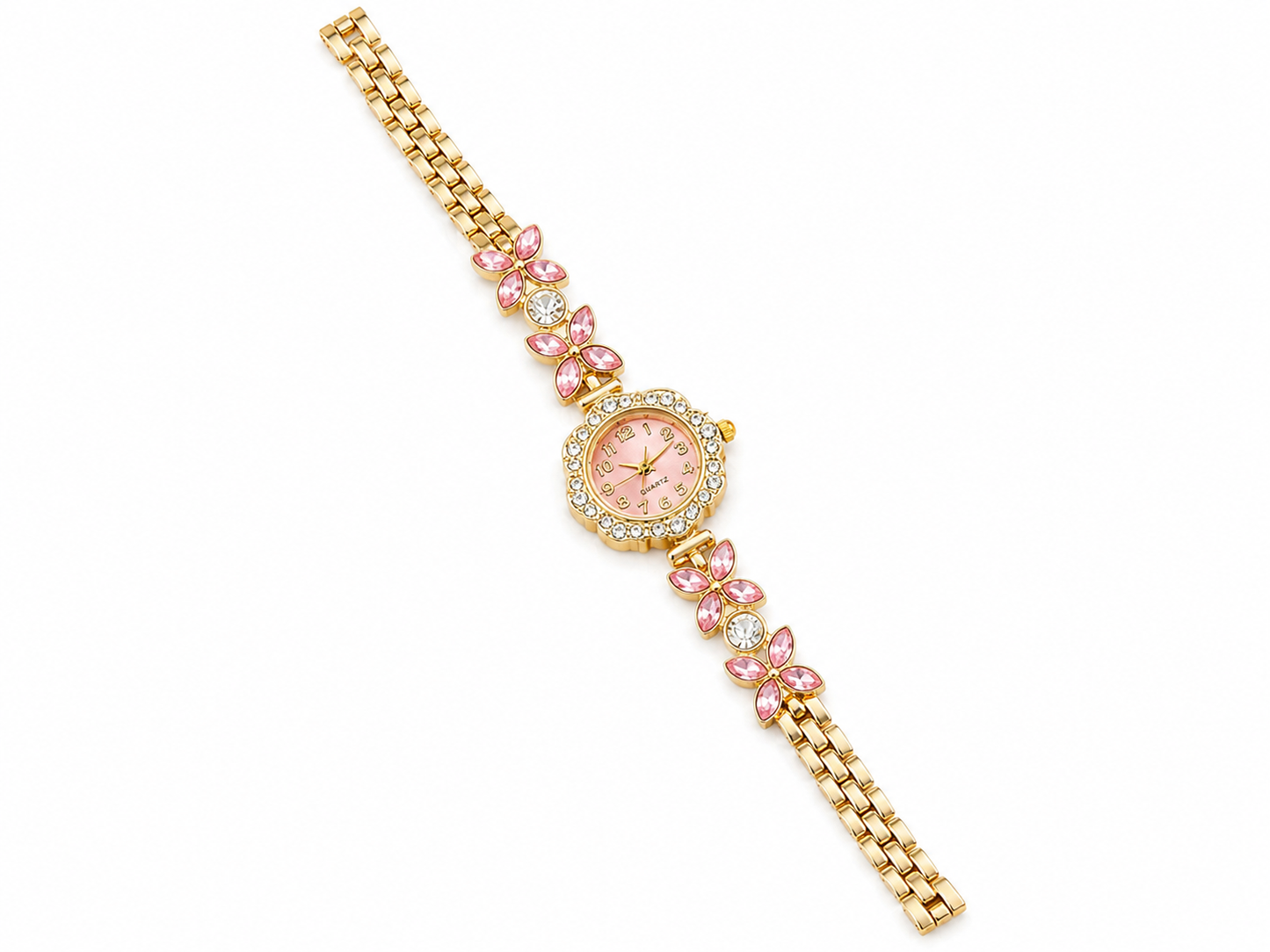 Pink Crystal Floral Gold-Tone Bracelet Watch