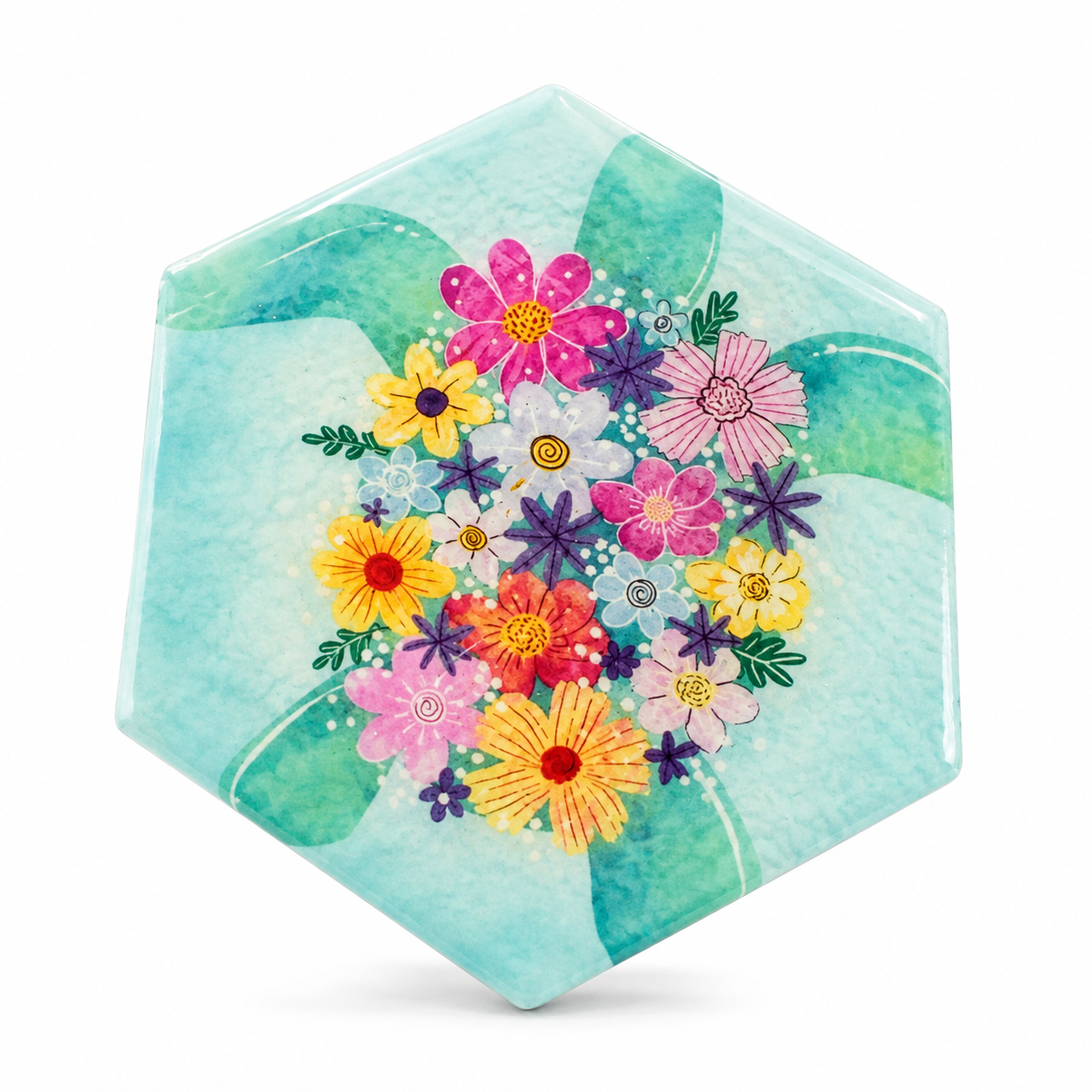 Aqua Floral Hexagon Decorative Tile-Magnet