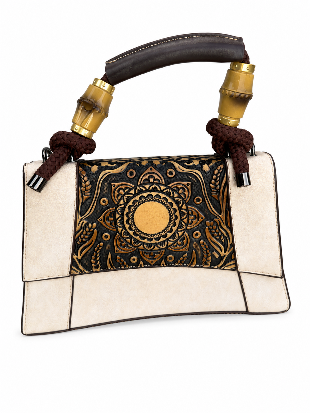 Genuine Leather Boho Medallion Bamboo Handle Handbag