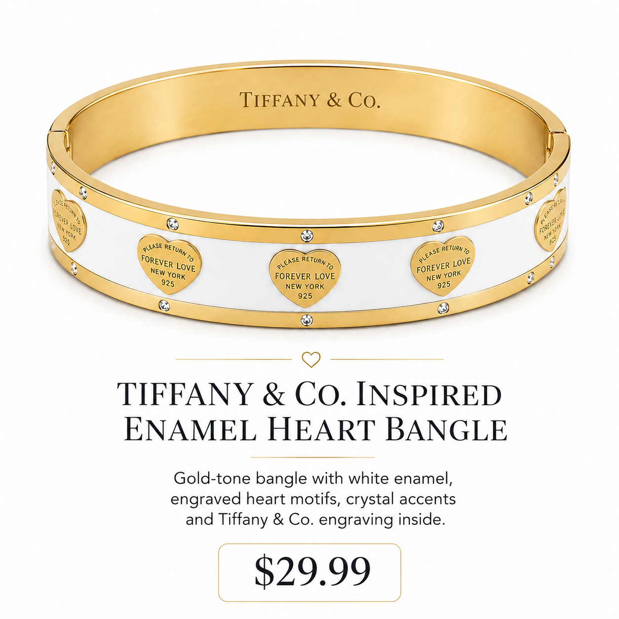 Gold & White Enamel Heart Bangle