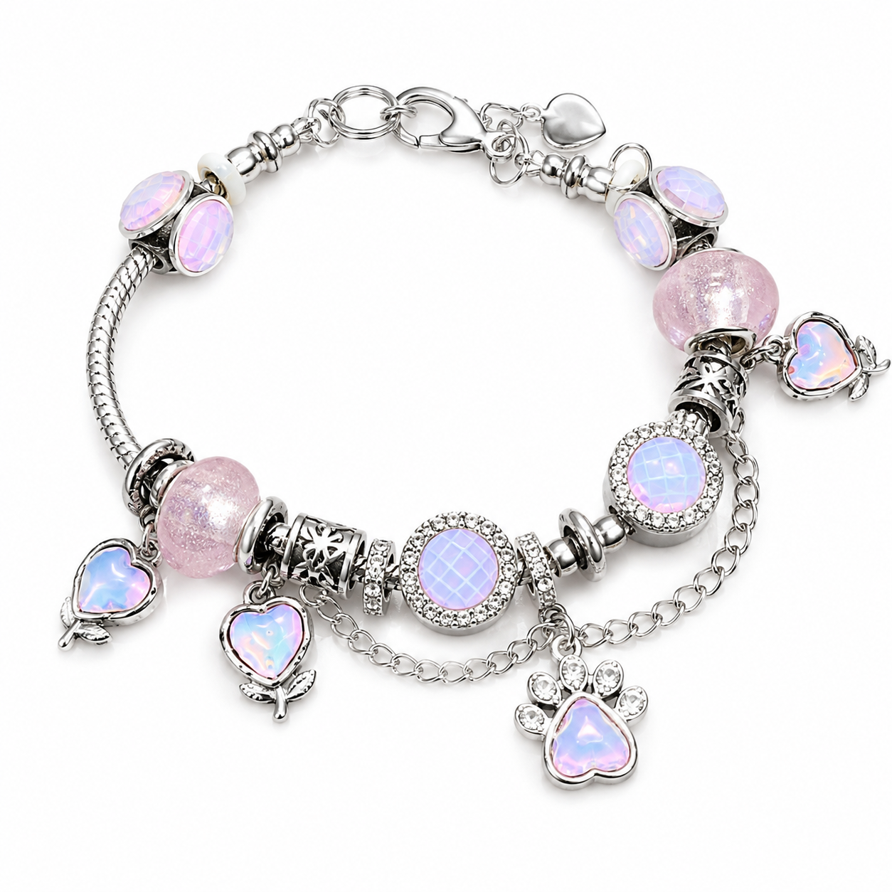 Pink Opal Paw & Heart Charm Bracelet
