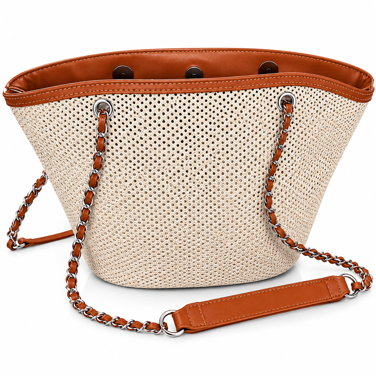 Cream Woven Raffia Chain Strap Tote Bag
