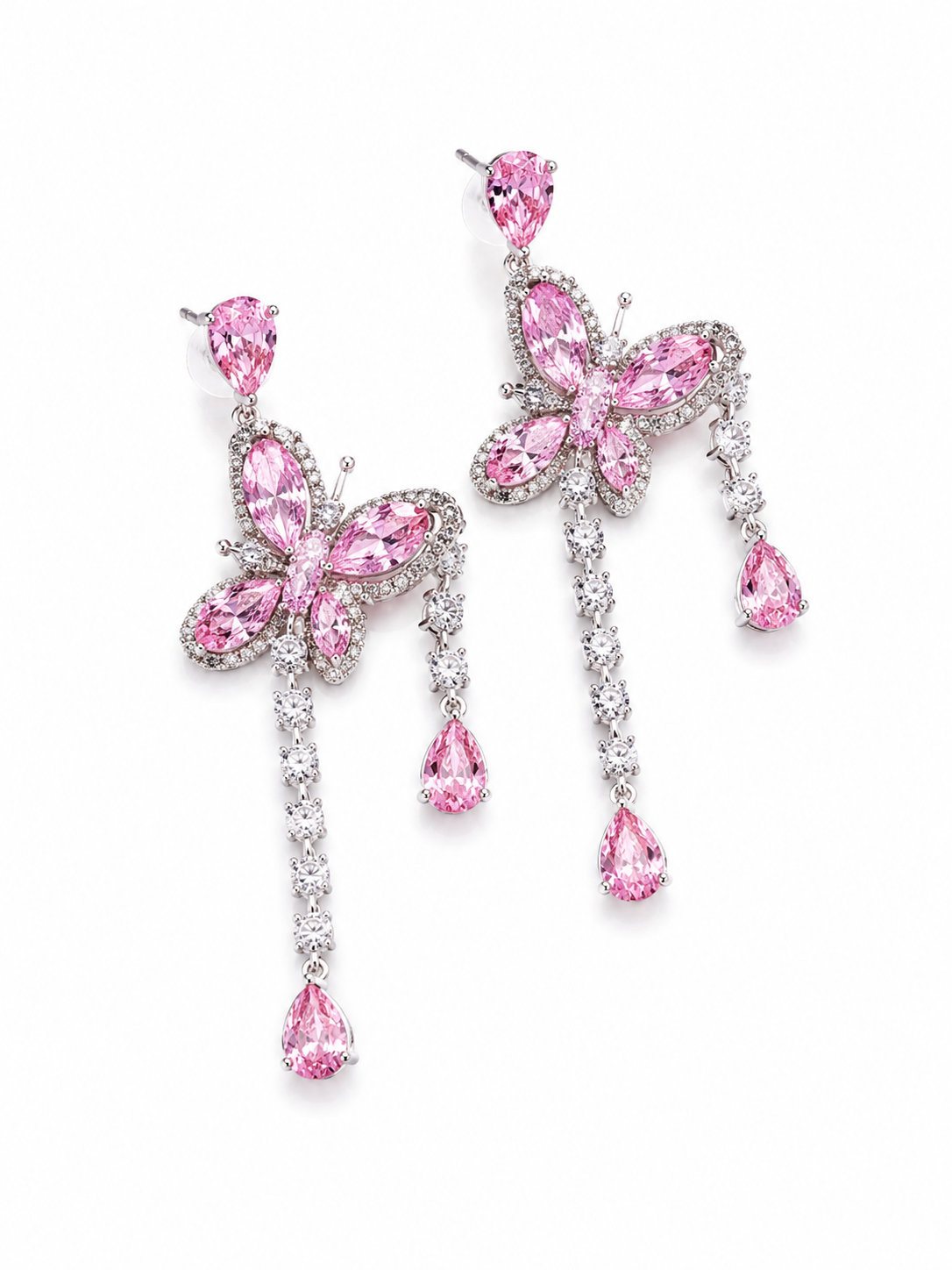 Pink Butterfly Crystal Cascade Earrings