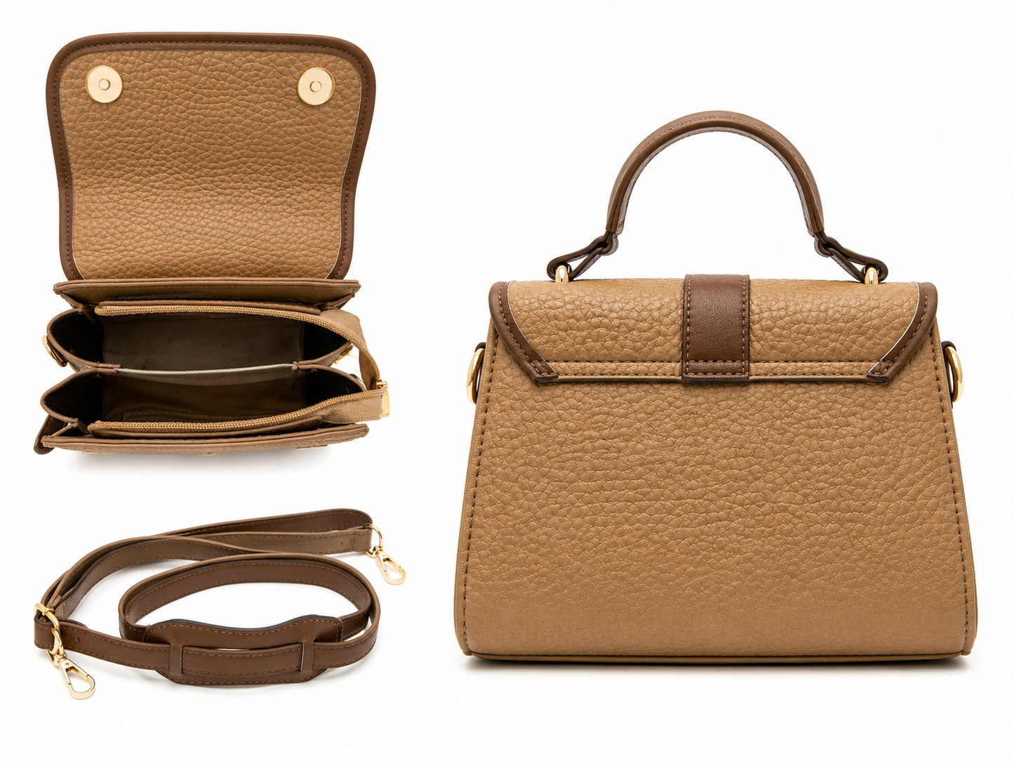 Caramel Pebbled Top-Handle Crossbody Handbag