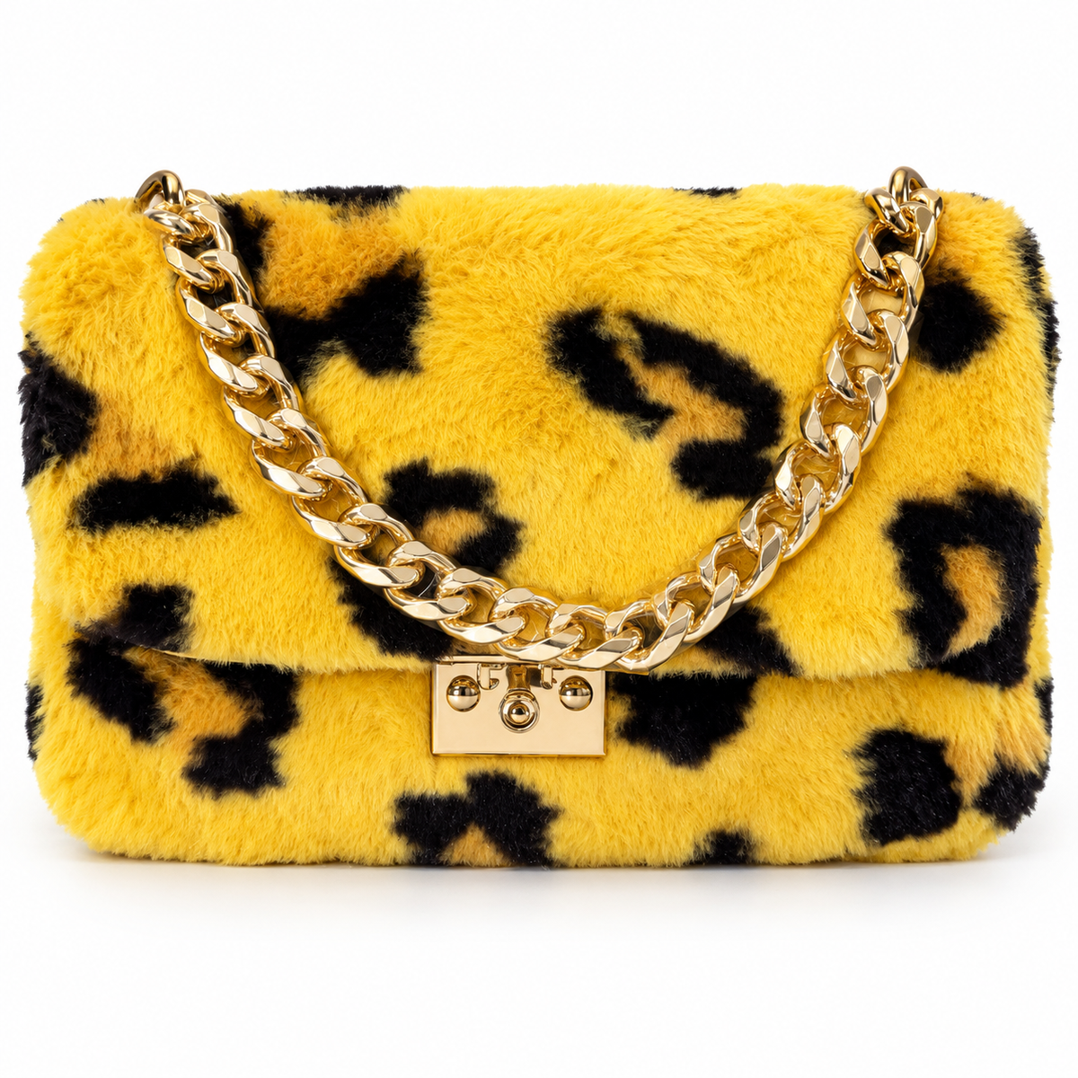 Yellow Leopard Faux Fur Chain Handbag