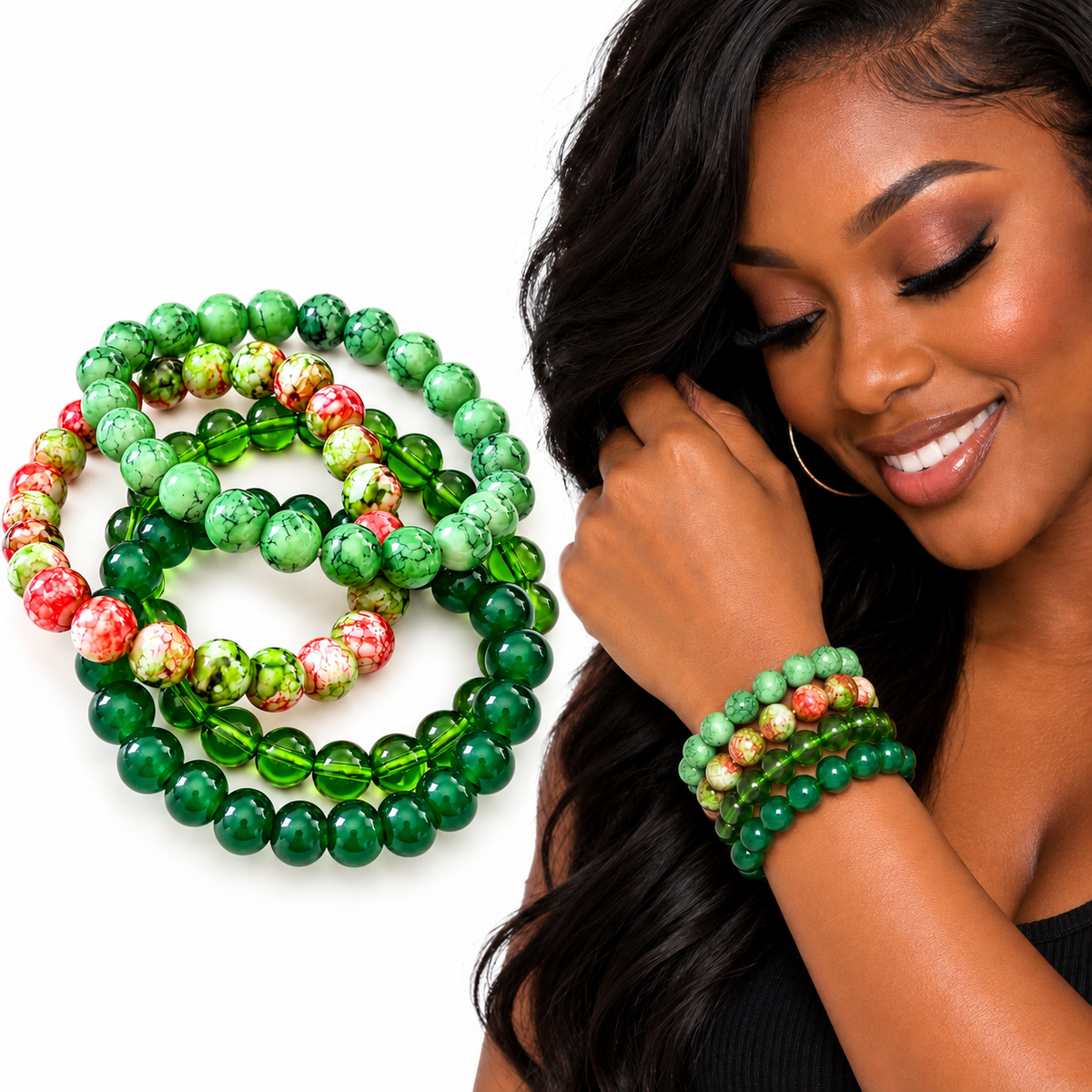 Green Beaded Stretch Bracelet Stack