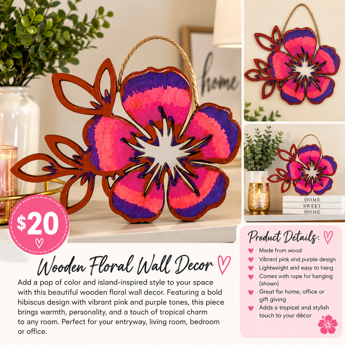 🌺 Tropical Hibiscus Wooden Wall Décor – Pink & Purple | $20