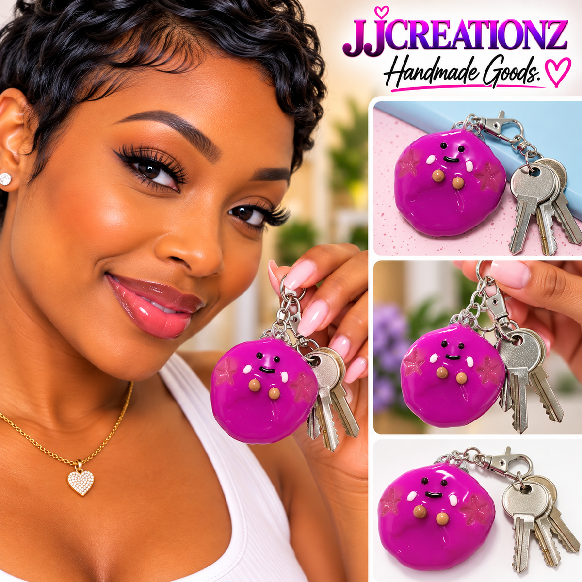 Pink Ocean Kawaii Charm – Handmade Polymer Clay Bag Charm