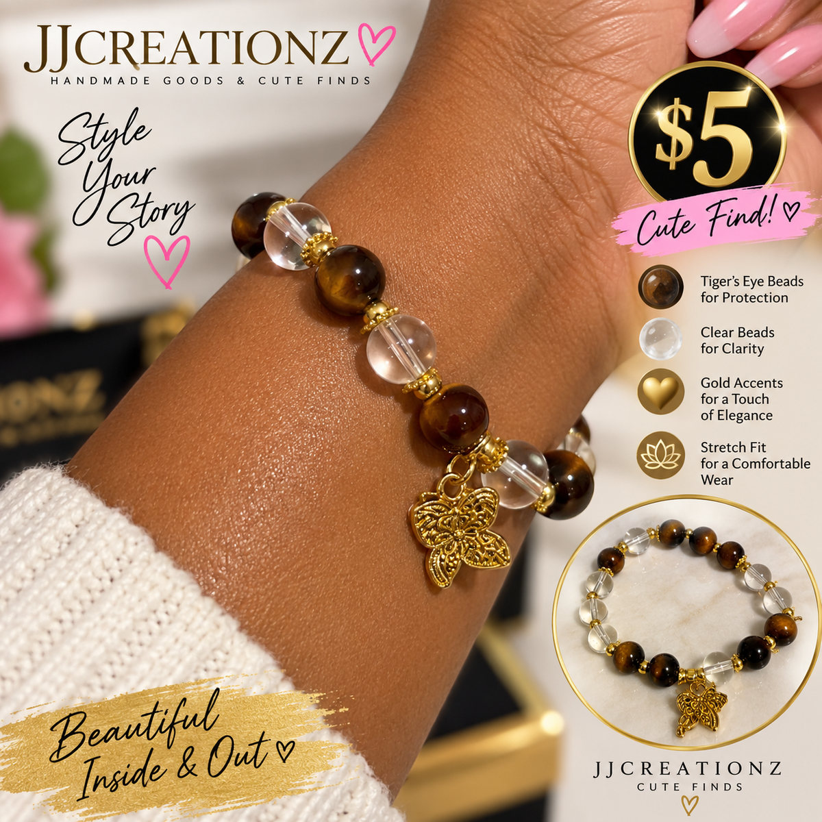 Tiger’s Eye & Clear Bead Butterfly Stretch Bracelet – $5