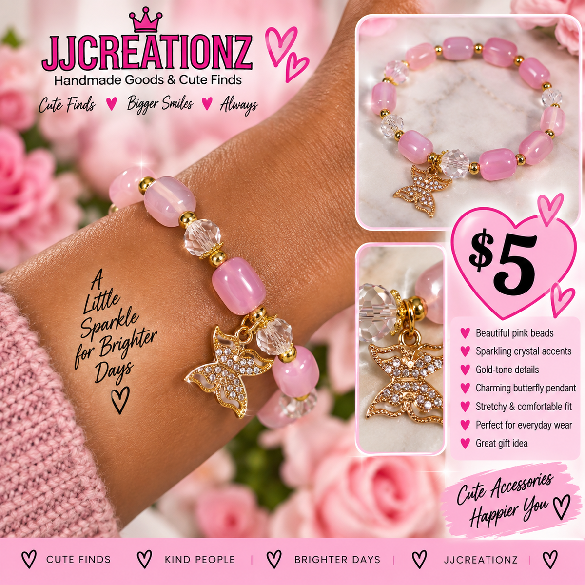Pink & Crystal Butterfly Charm Stretch Bracelet