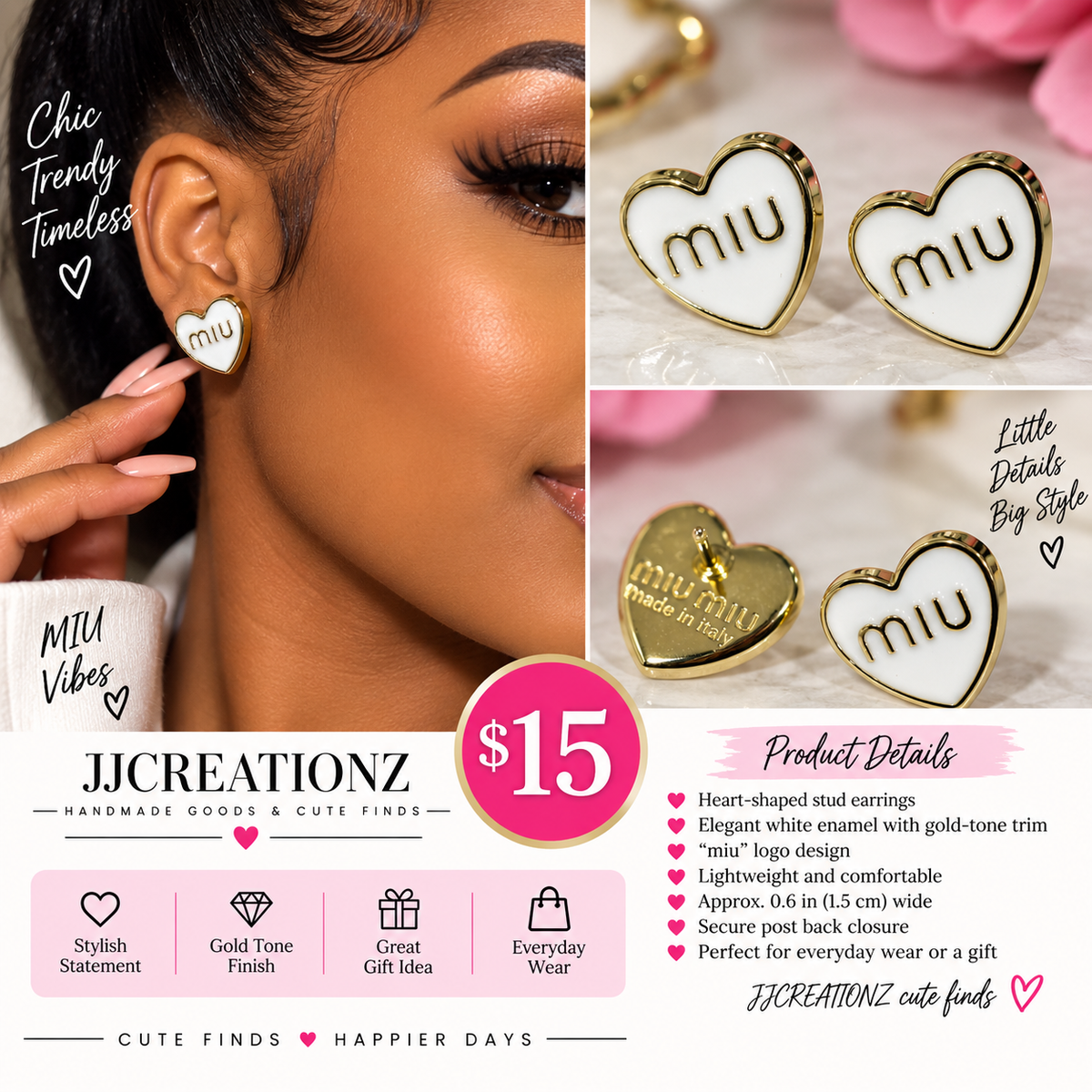White Heart Logo Stud Earrings – Gold Tone