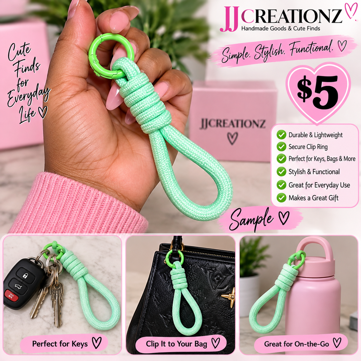 Mint Green Braided Wristlet Keychain – Multi-Purpose Rope Strap with Clip