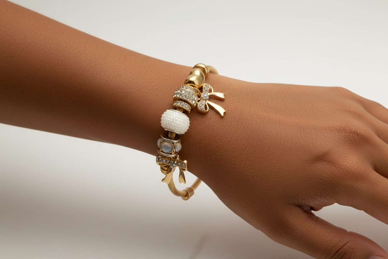 Gold Charm Bangle Bracelet – Elegant Bow & Floral Charm Jewelry