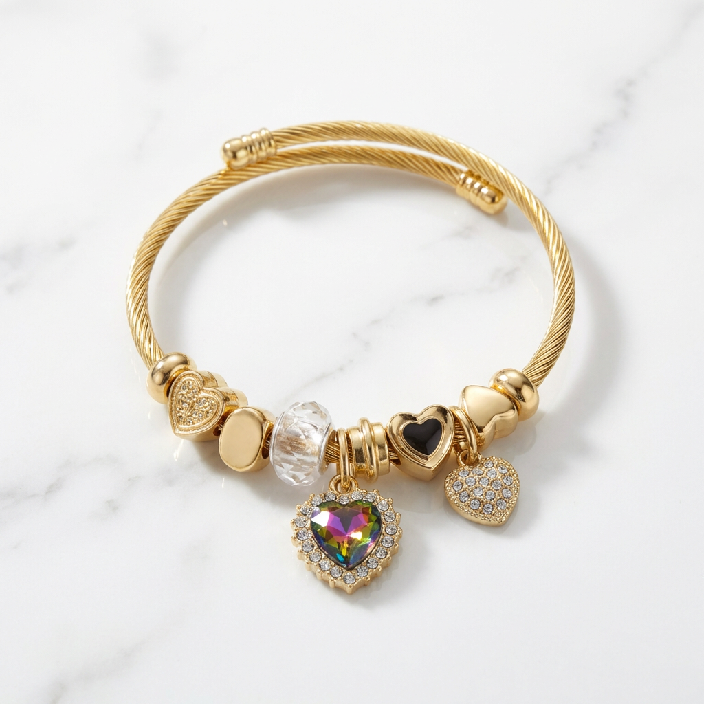 Gold Heart Charm Bangle Bracelet – Crystal & Rhinestone Love Bracelet