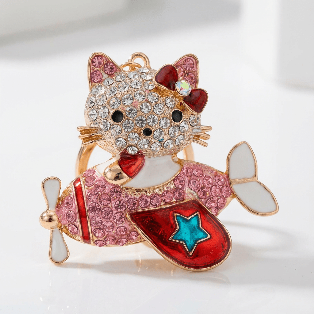✈️✨ Crystal Cat in Airplane Keychain – Cute & Sparkly Bag Charm