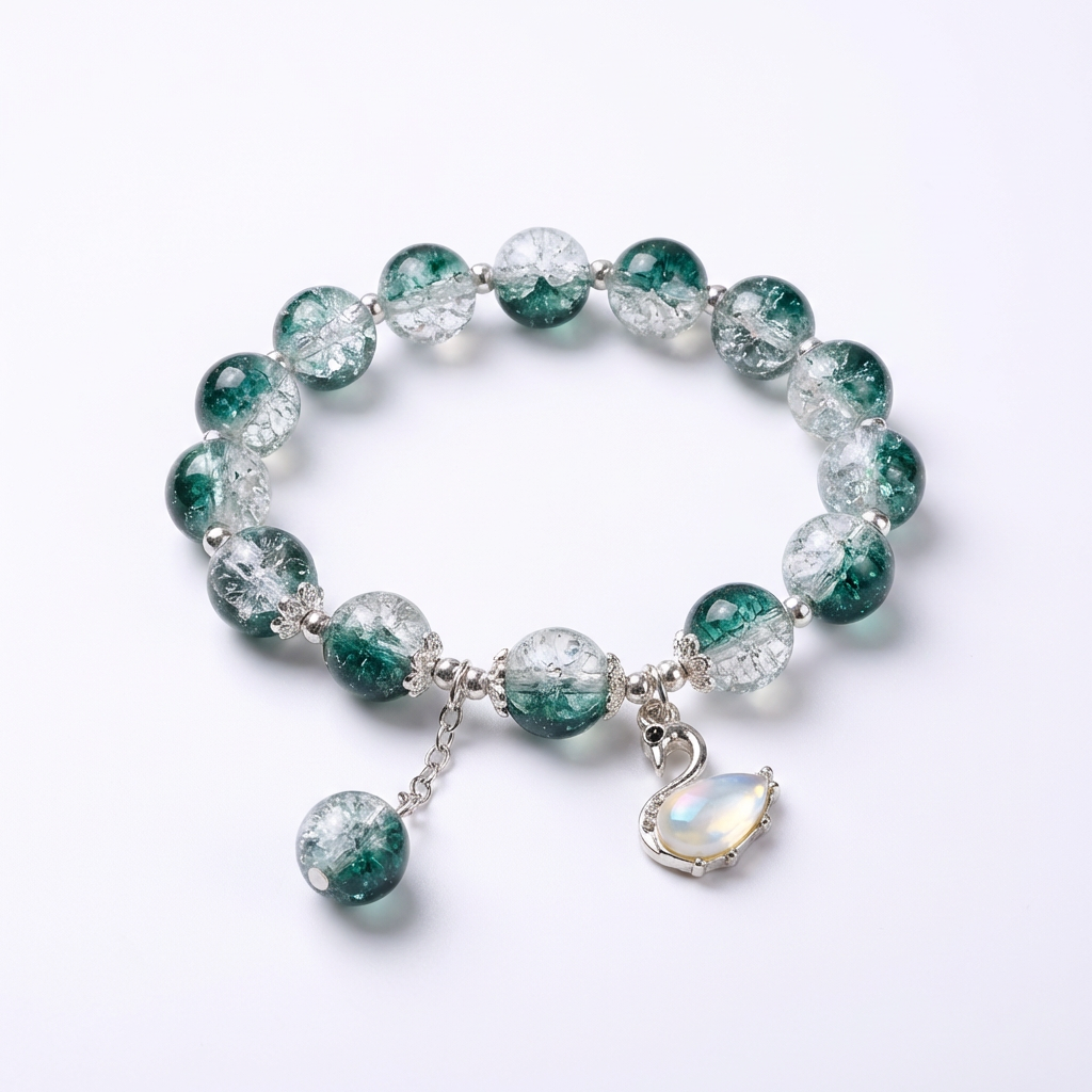 Elegant Green Crackle Bead Swan Charm Bracelet