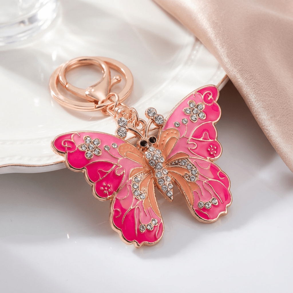 Pink Crystal Butterfly Keychain – Elegant Enamel & Rhinestone Bag Charm