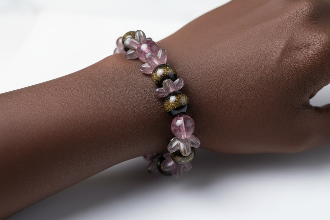 Pink & Smoky Crystal Beaded Bracelet – Elegant Stretch Bracelet