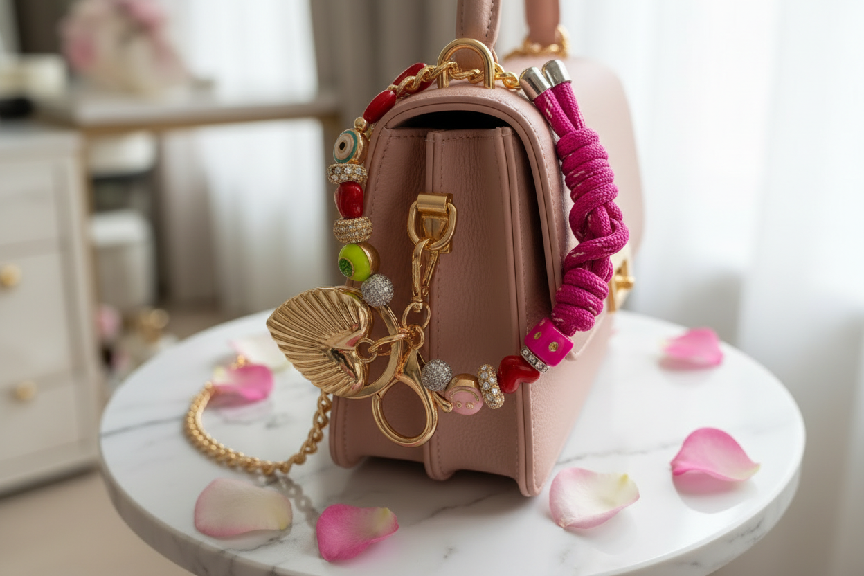 Pink Charm Rope Bracelet with Gold Shell & Smiley Beads
