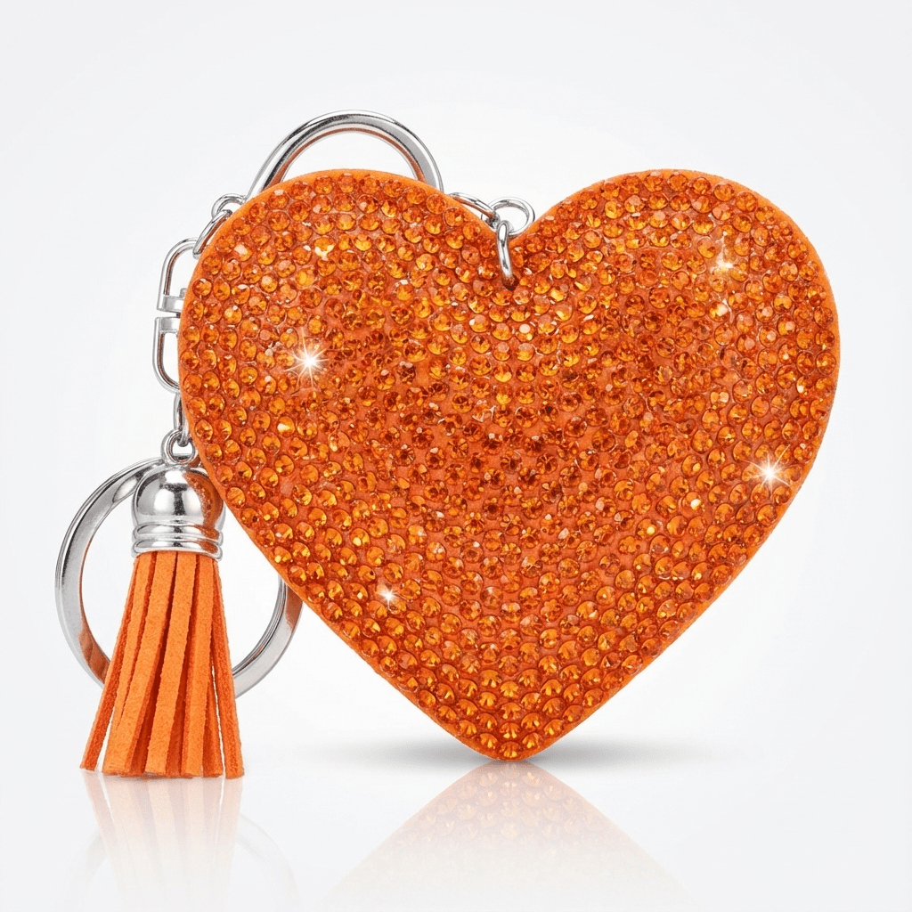 🧡 Sparkly Orange Heart Keychain with Tassel & Charm – Cute Glitter Bag Accessory