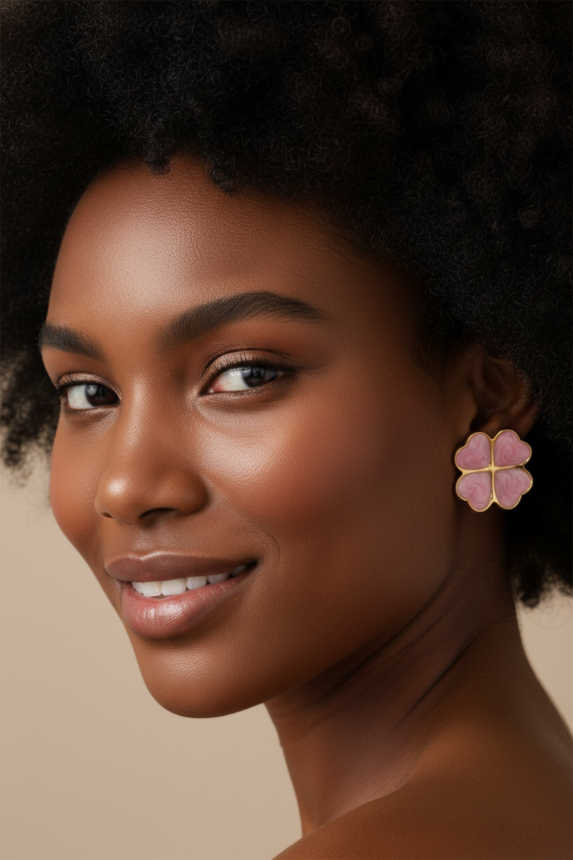 Pink Clover Stainless Steel Earrings – Elegant Feminine Statement Studs