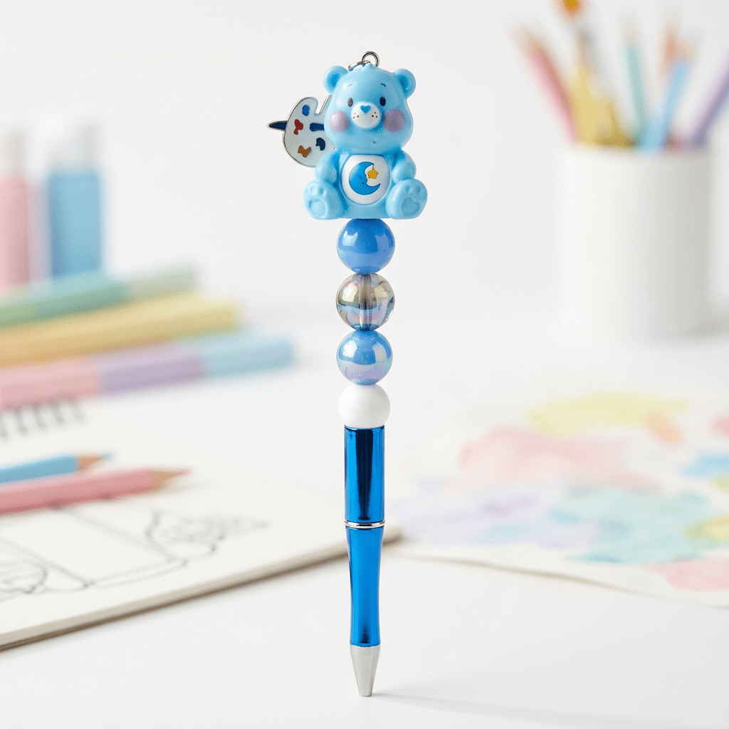 Blue Moon Bear Beaded Pen – Cute Charm Topper Pen for School, Work & Journaling