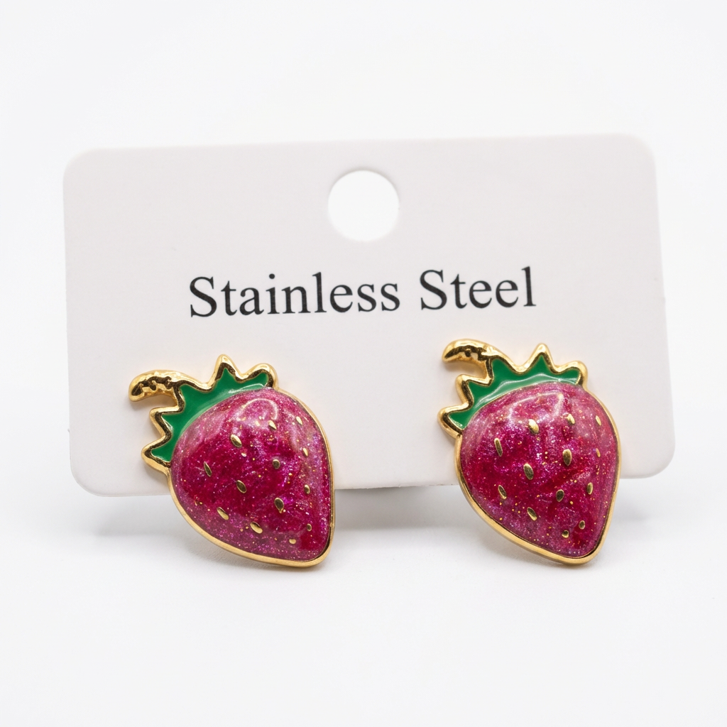 Strawberry Stud Earrings – Cute Stainless Steel Fruit Jewelry