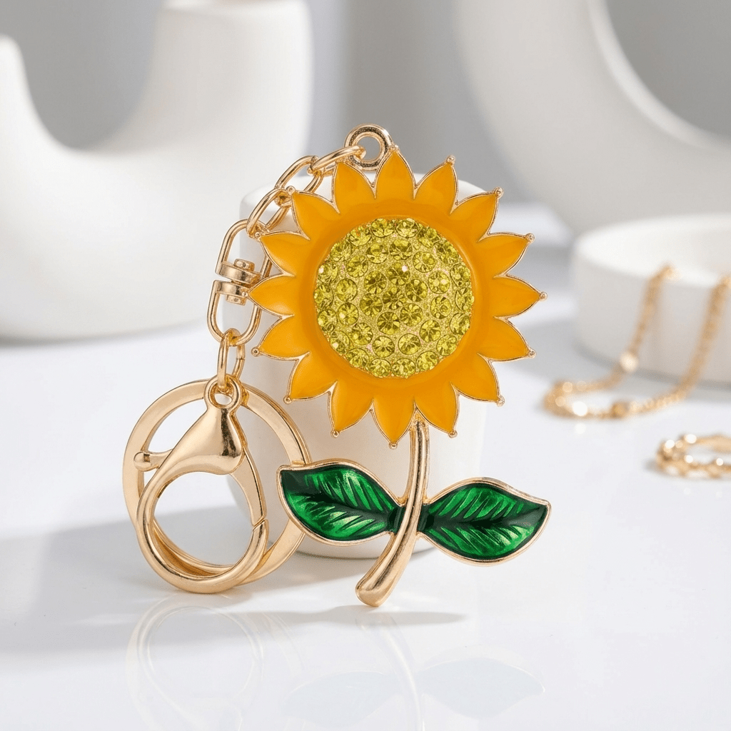 Sparkling Sunflower Keychain – Bright Yellow Crystal Charm Accessory