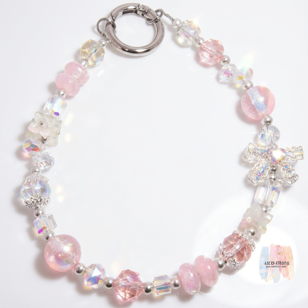 Pink & Iridescent Crystal Beaded Phone Charm – Butterfly & Pearl Accent