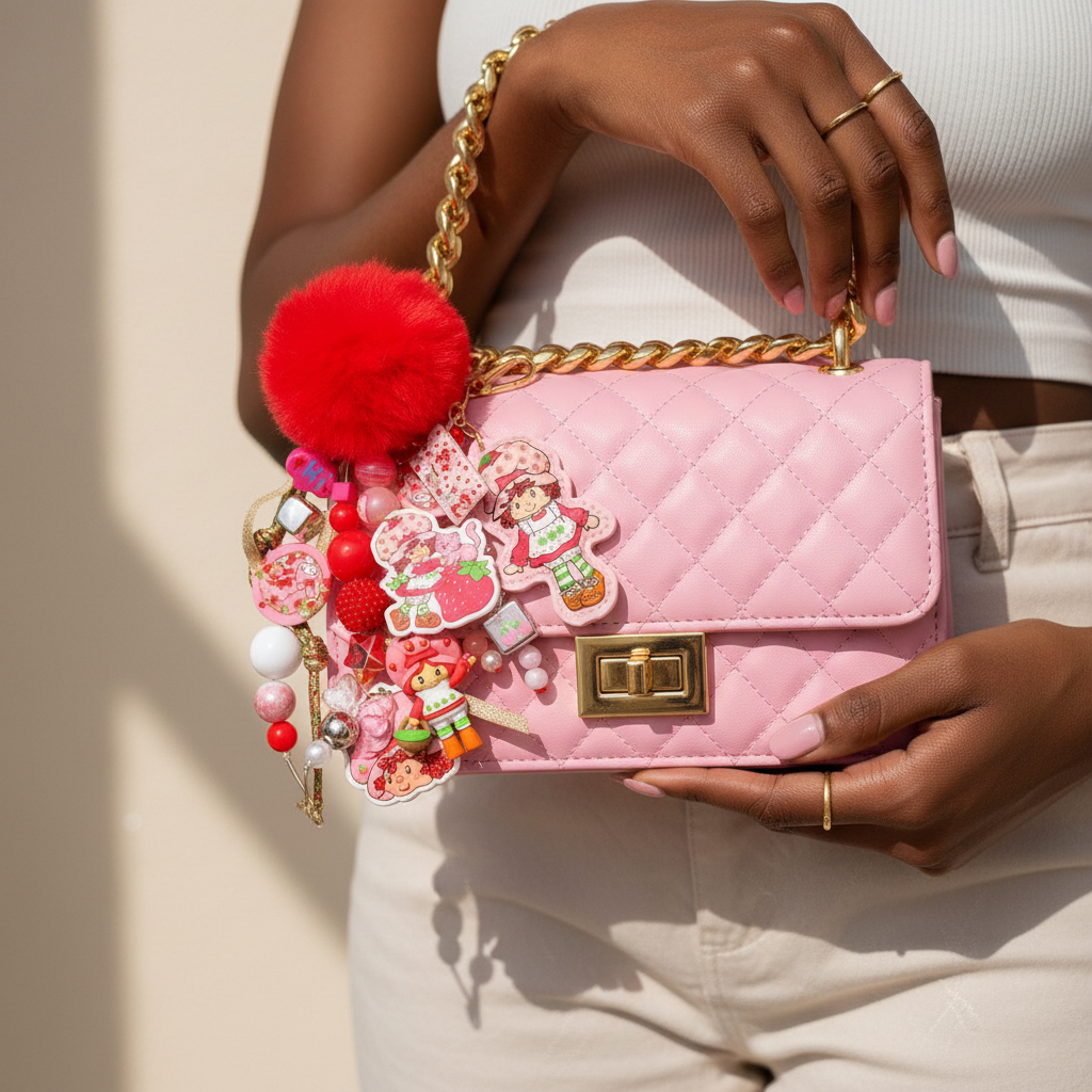 ๐ Strawberry Shortcake Bag Charm โ Handmade Pink Beaded Accessory With Pom-Pom ๐