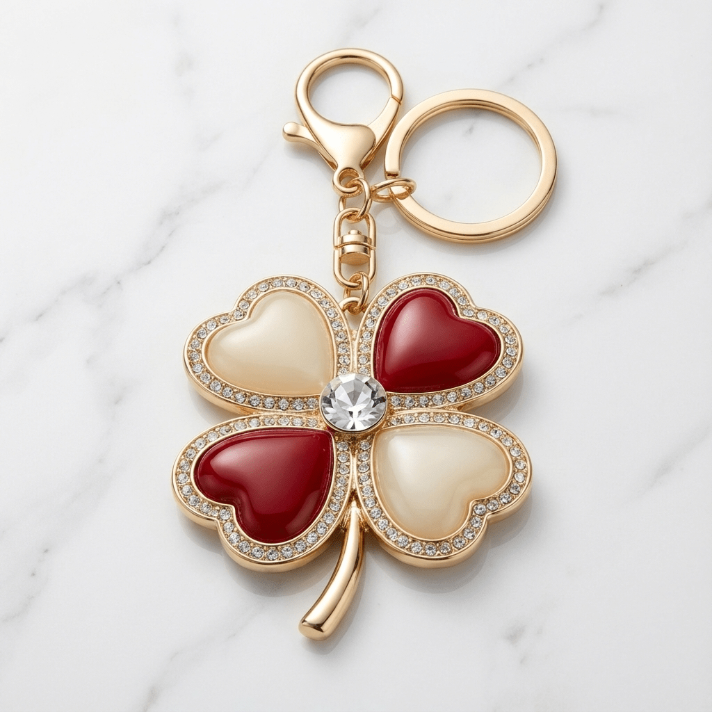 Four-Leaf Heart Clover Keychain – Gold, Red & Pink Enamel Charm