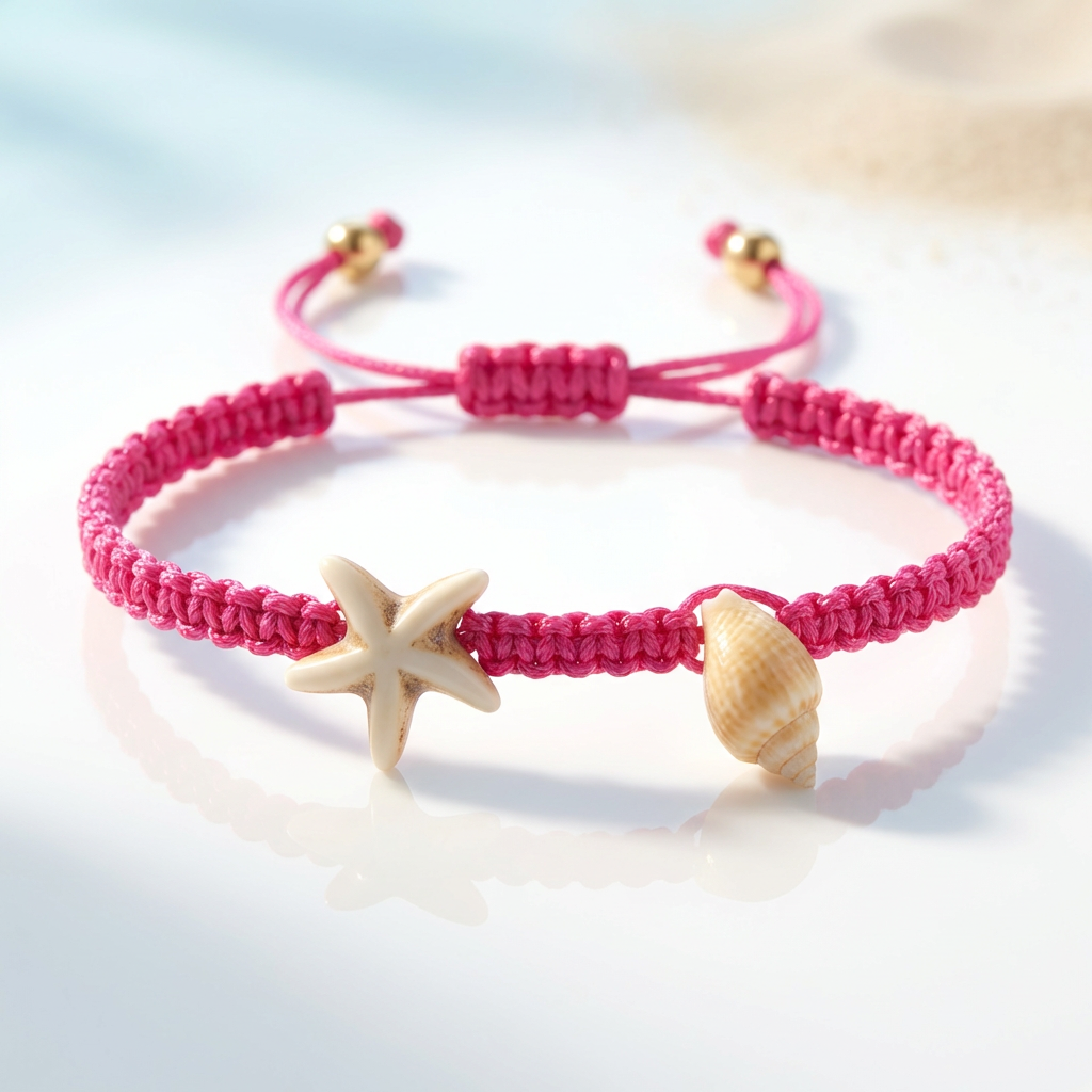 Pink Macramé Shell Bracelet – Adjustable Beach Starfish Anklet or Bracelet